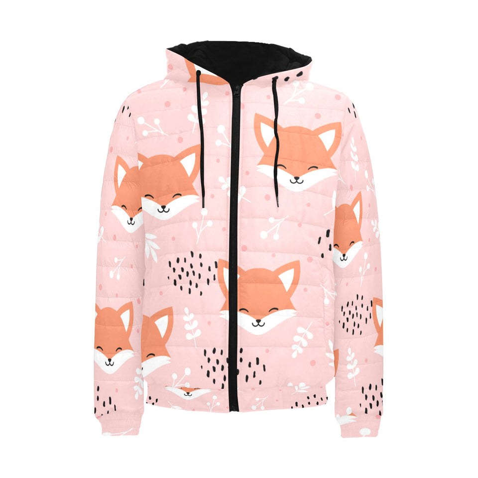 Cute fox pattern pink background Men's Padded Hooded Jacket