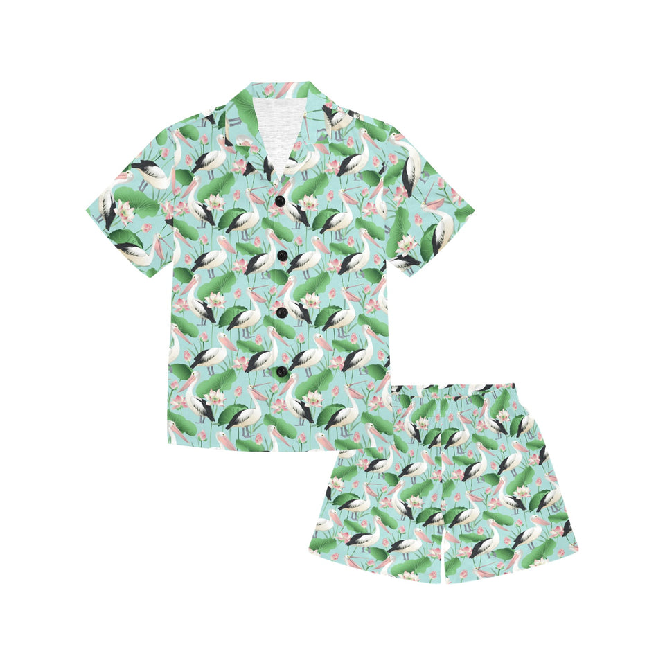 Pelican Pattern Print Design 01 Kids' Boys' Girls' V-Neck Short Pajama Set