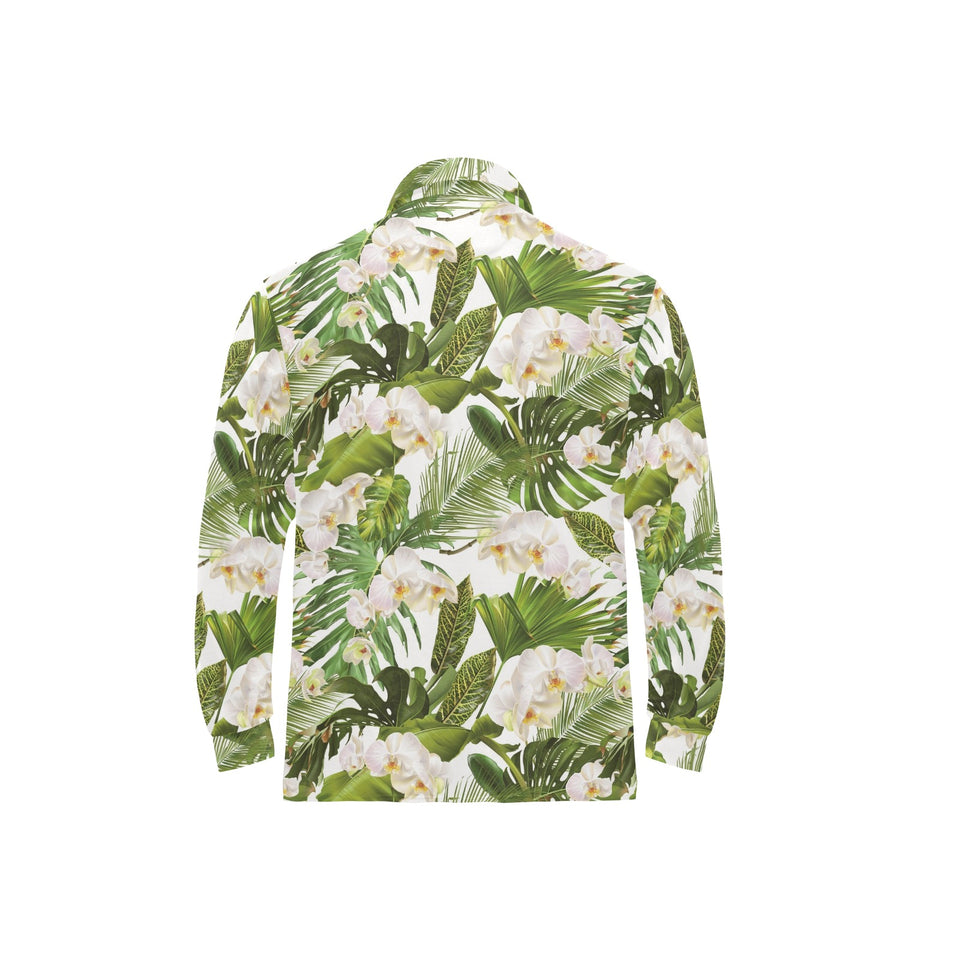 White orchid flower tropical leaves pattern Men's Long Sleeve Polo Shirt