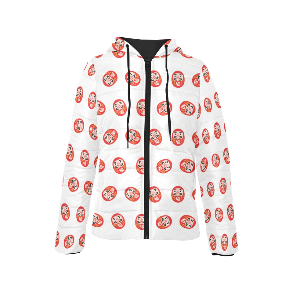 Daruma japanese wooden doll pattern Women's Padded Hooded Jacket
