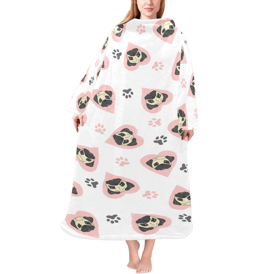 Cute pugs pink heart paw pattern Blanket Robe with Sleeves