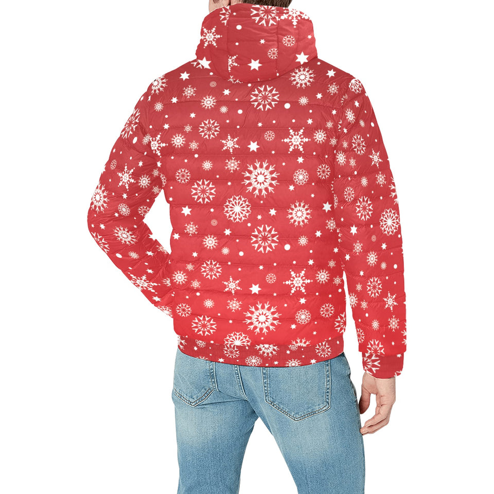Snowflake pattern red background Men's Padded Hooded Jacket
