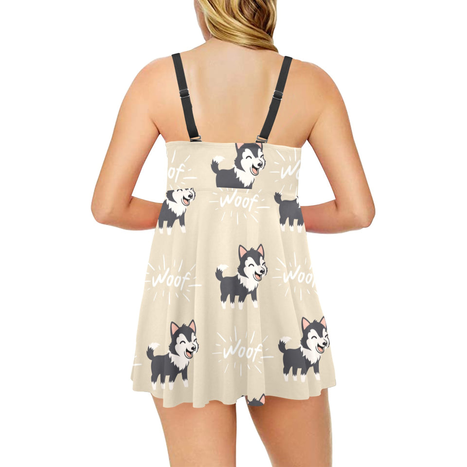Cute Siberian Husky Chest Sexy Pleated Two Piece Swim Dress