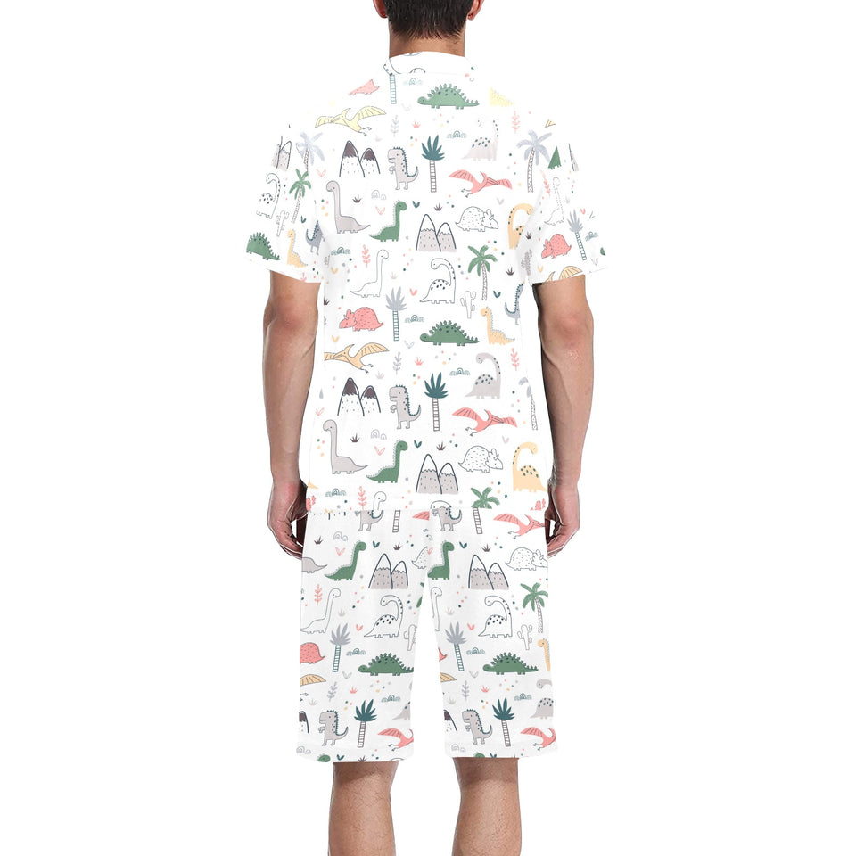 Cute cartoon dinosaurs tree pattern Men's V-Neck Short Pajama Set