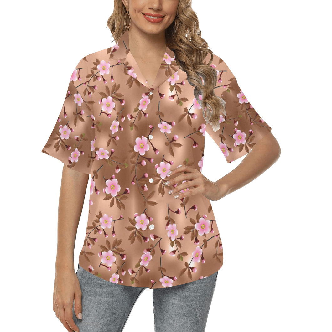 Pink sakura cherry blossom drak brown background Women's All Over Print Hawaiian Shirt