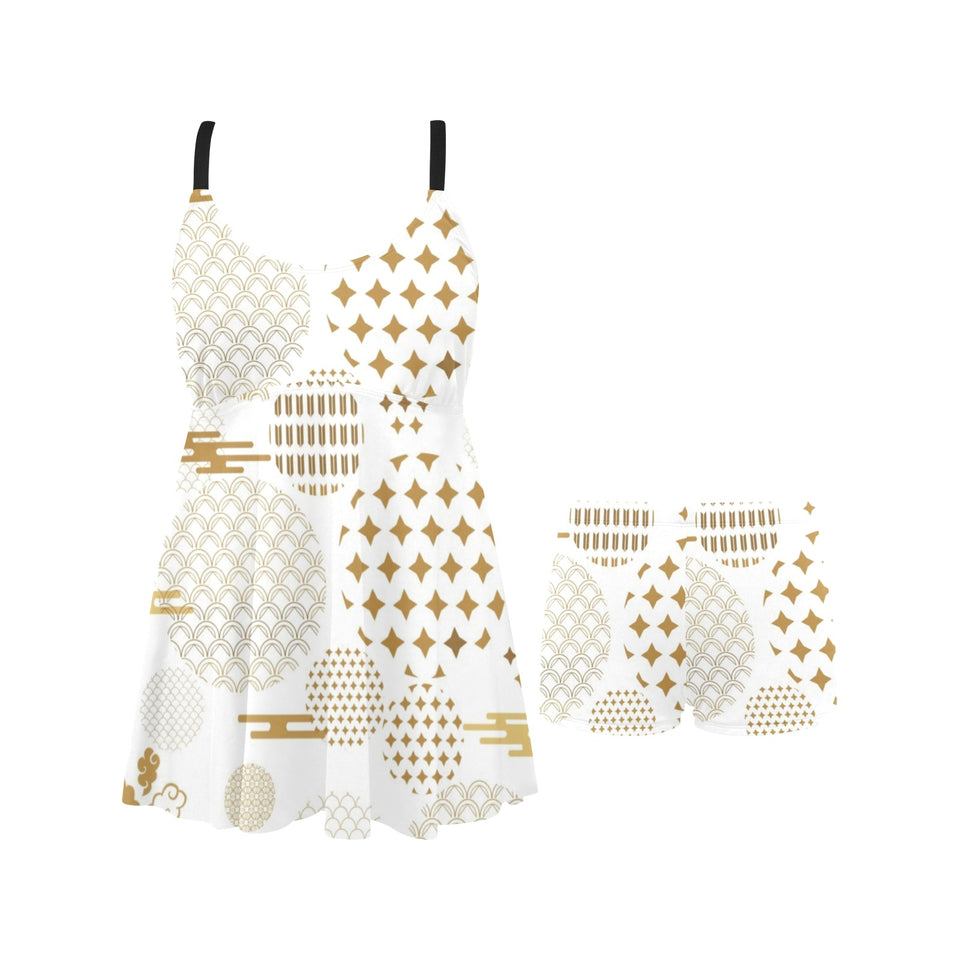 Beautiful gold japanese pattern Chest Sexy Pleated Two Piece Swim Dress