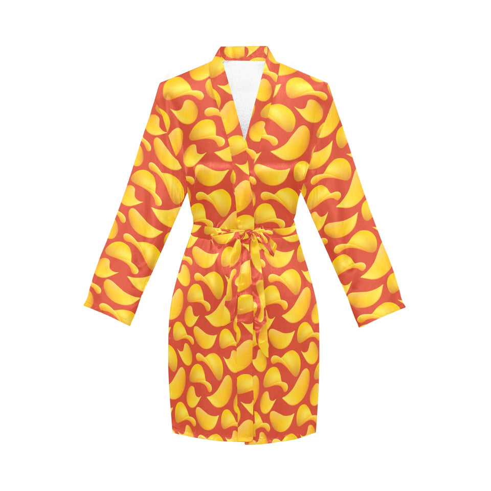 Potato Chips Pattern Print Design 05 Women's Long Sleeve Belted Night Robe