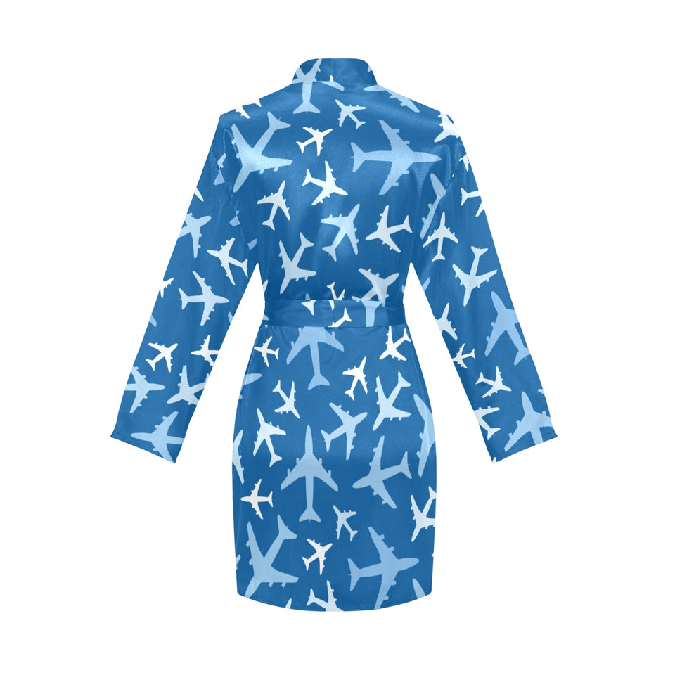 Airplane pattern in the sky Women's Long Sleeve Belted Night Robe