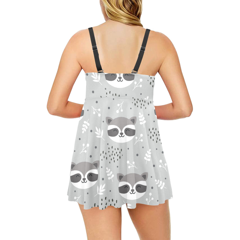 Cute raccoons leaves dot Chest Sexy Pleated Two Piece Swim Dress