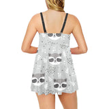 Cute raccoons leaves dot Chest Sexy Pleated Two Piece Swim Dress