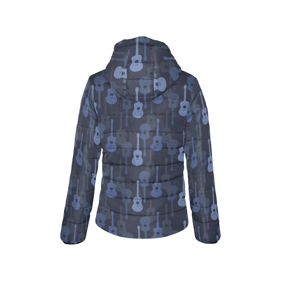 Blue Theme guitar pattern Women's Padded Hooded Jacket
