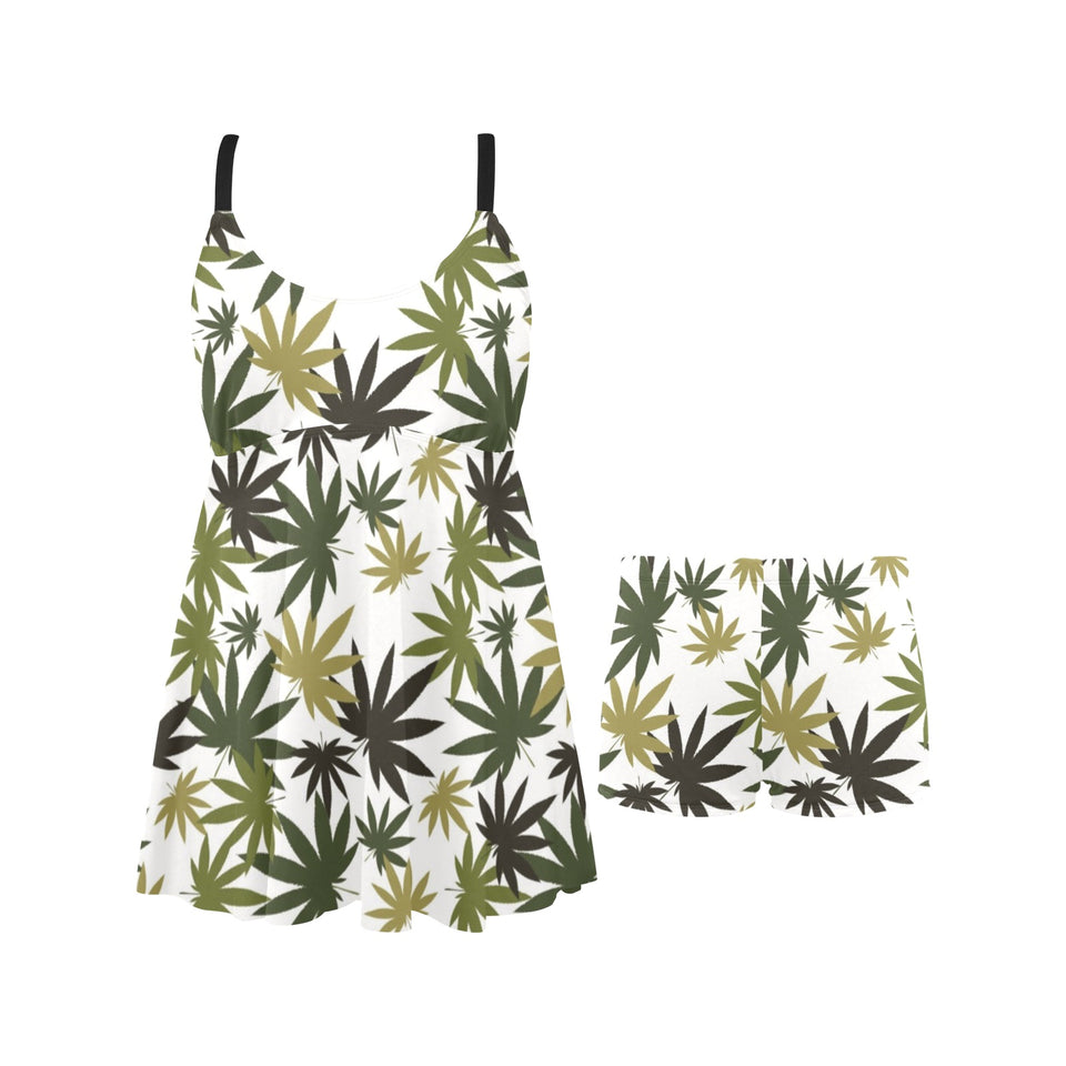 Canabis Marijuana Weed Pattern Print Design 05 Chest Sexy Pleated Two Piece Swim Dress