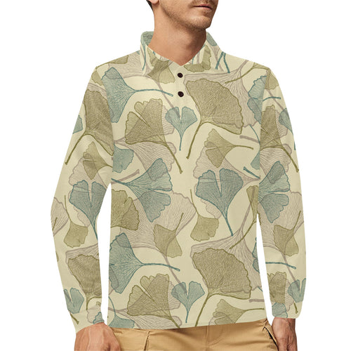 Ginkgo leaves design pattern Men's Long Sleeve Polo Shirt