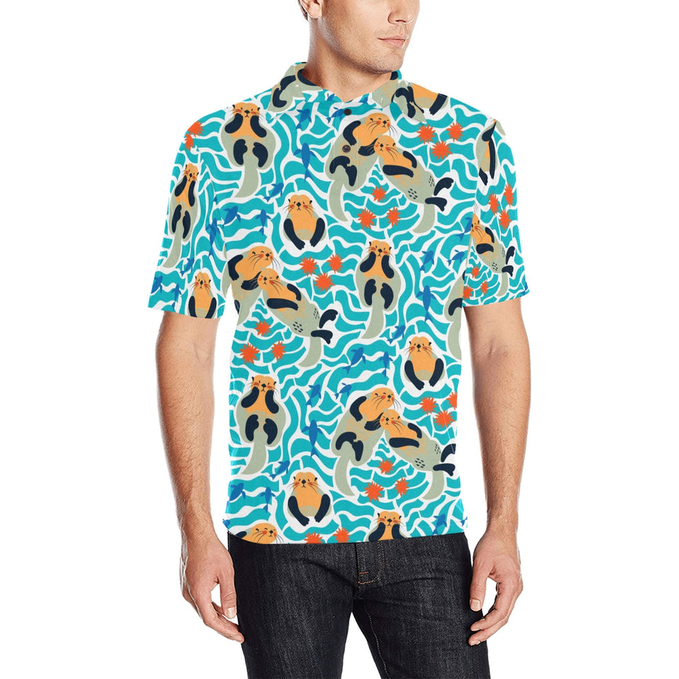 Cute sea otters fishe sea urchin pattern Men's All Over Print Polo Shirt