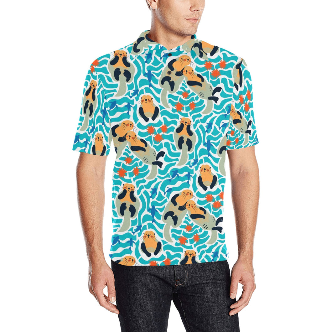 Cute sea otters fishe sea urchin pattern Men's All Over Print Polo Shirt