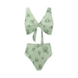 broccoli sketch pattern Chest Bowknot High Waisted Bikini Swimsuit