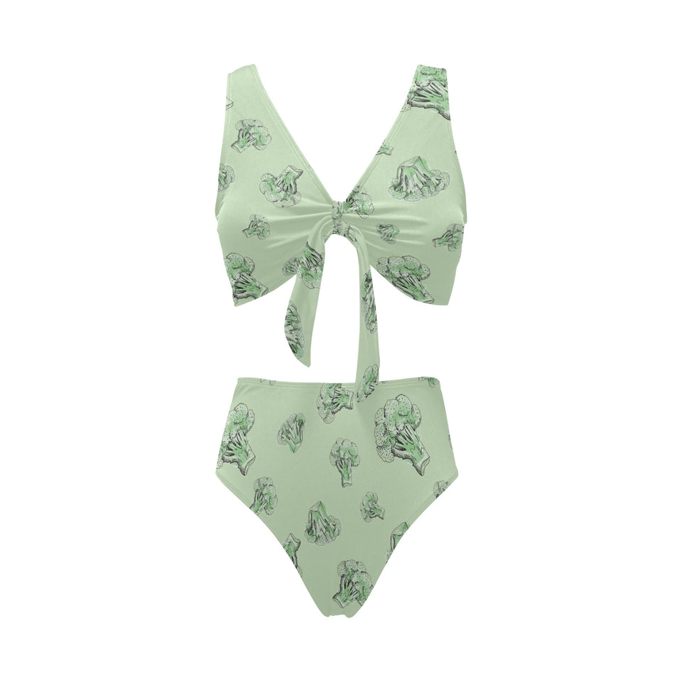 broccoli sketch pattern Chest Bowknot High Waisted Bikini Swimsuit