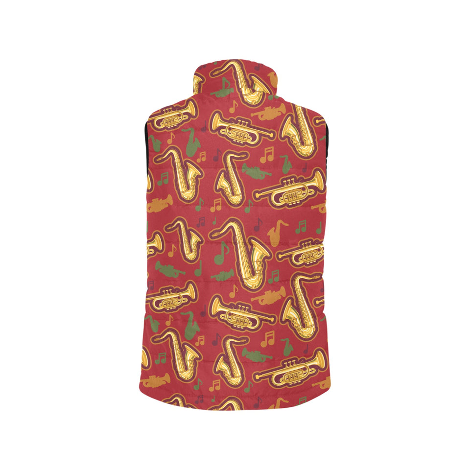 Saxophone cornet pattern red background Women's Padded Vest