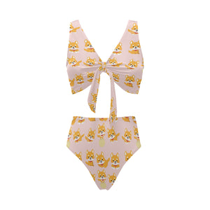 Cute shiba inu dog pattern Chest Bowknot High Waisted Bikini Swimsuit