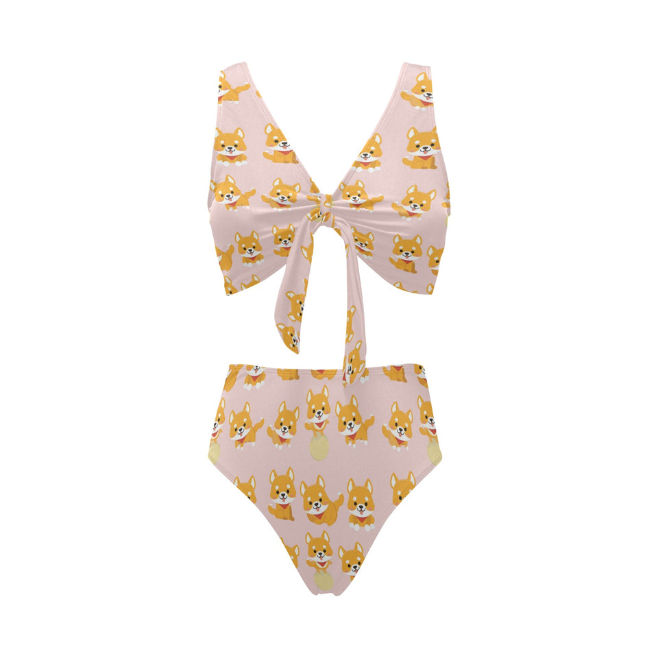 Cute shiba inu dog pattern Chest Bowknot High Waisted Bikini Swimsuit