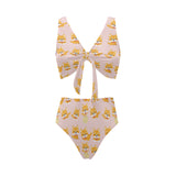 Cute shiba inu dog pattern Chest Bowknot High Waisted Bikini Swimsuit