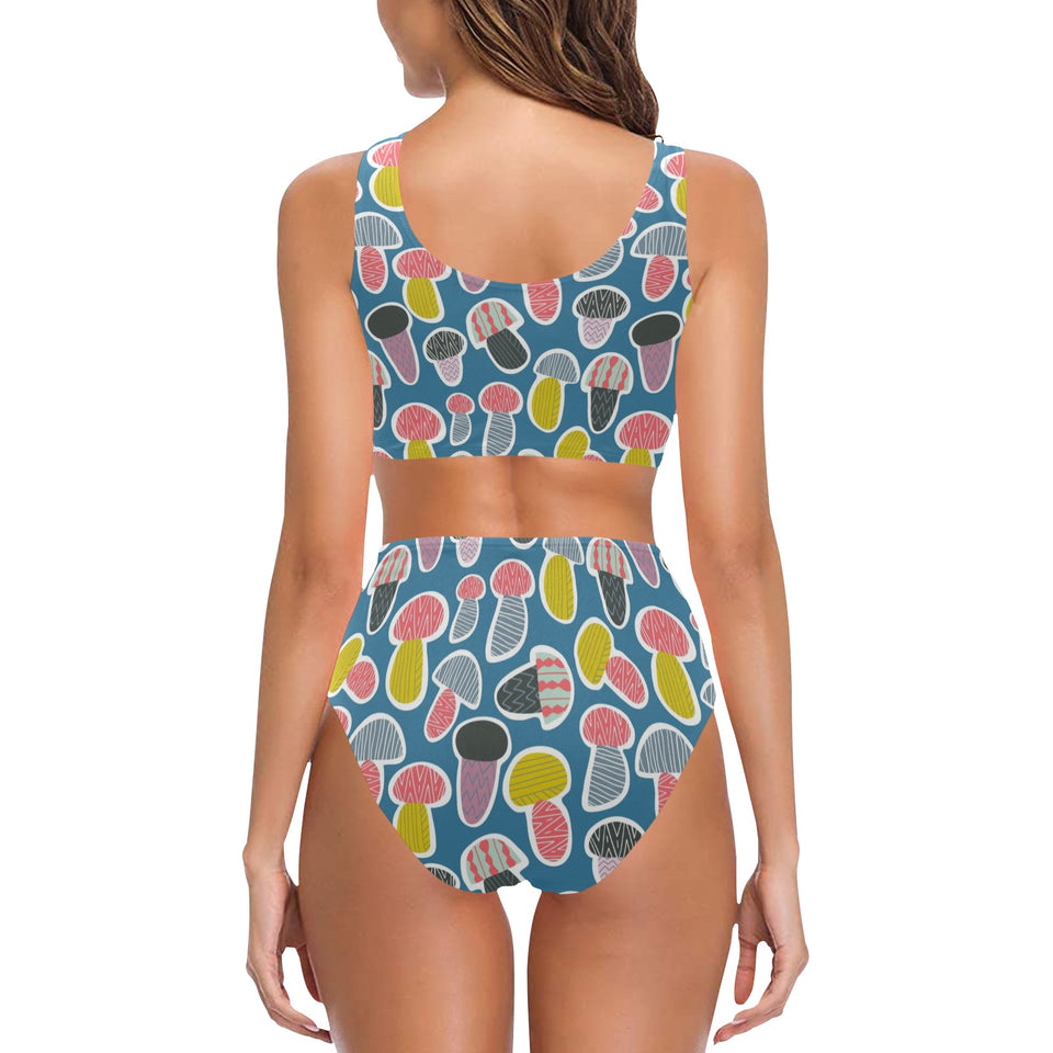 Colorful mushroom design pattern Chest Bowknot High Waisted Bikini Swimsuit