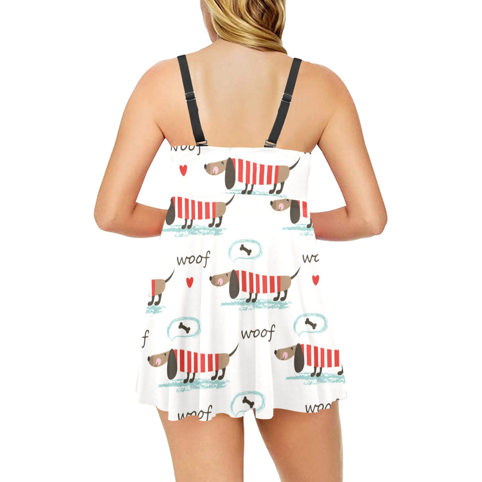 Cute dachshund bone pattern Chest Sexy Pleated Two Piece Swim Dress