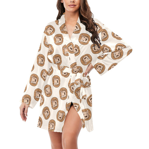 Lion Pattern Print Design 01 Women's Long Sleeve Belted Night Robe