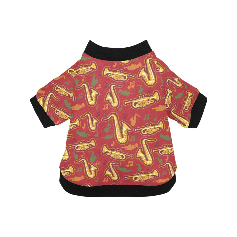 Saxophone cornet pattern red background All Over Print Pet Dog Round Neck Fuzzy Shirt