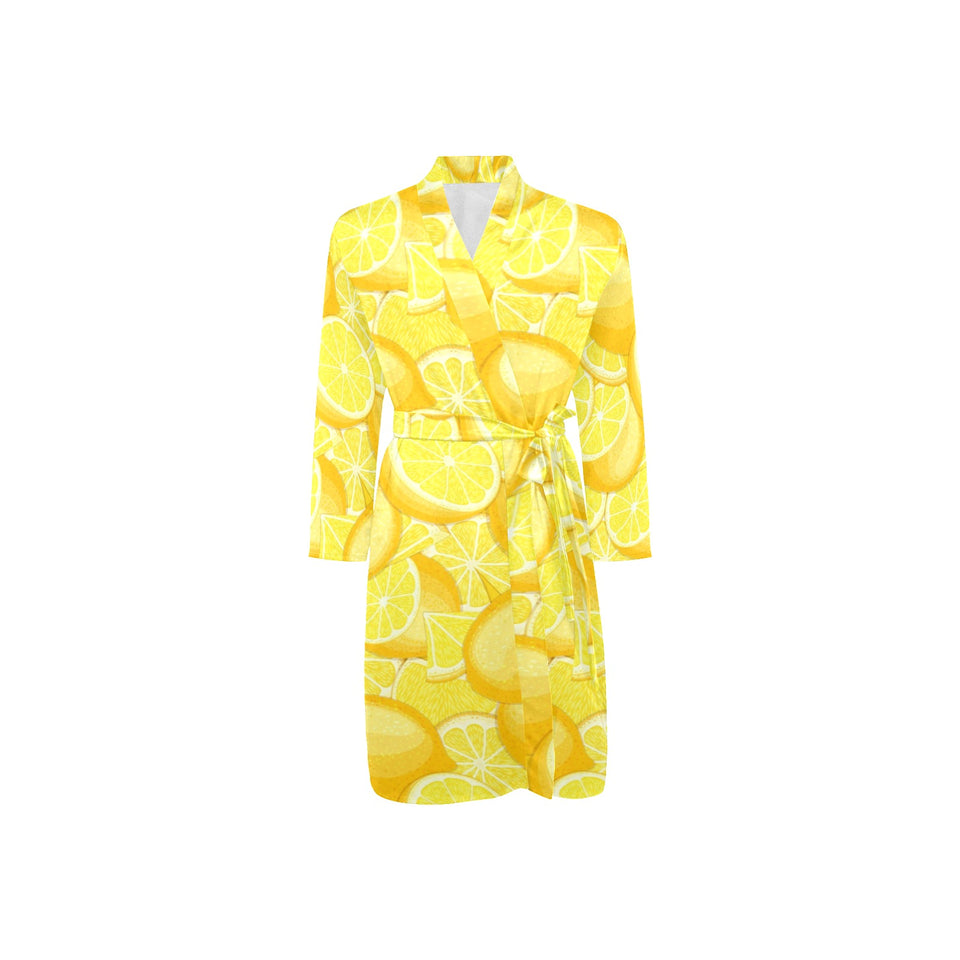 lemon flower leave pattern Men's Long Sleeve Belted Night Robe
