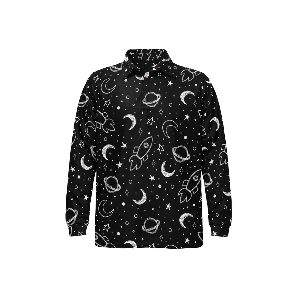Hand drawn space rocket star planet Men's Long Sleeve Polo Shirt