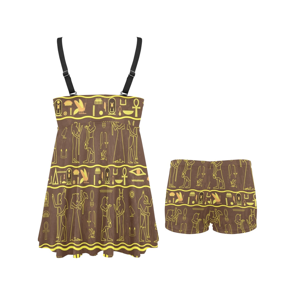 Egypt Hieroglyphics Pattern Print Design 03 Chest Sexy Pleated Two Piece Swim Dress