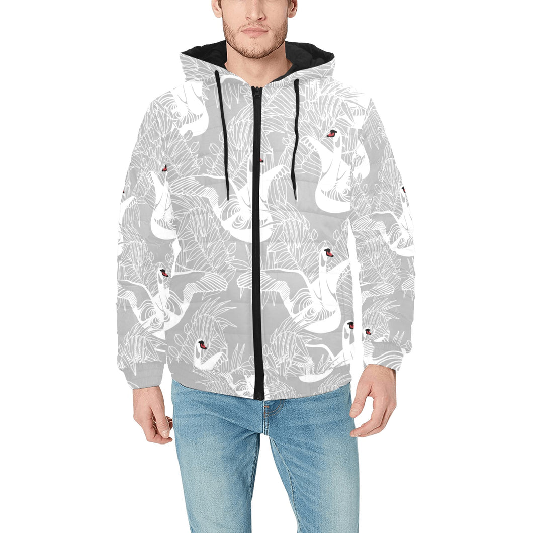 white swan gray background Men's Padded Hooded Jacket