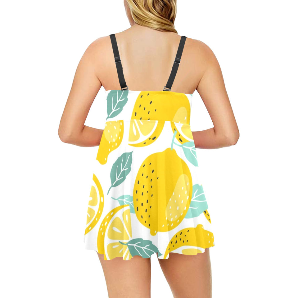 lemon design pattern Chest Sexy Pleated Two Piece Swim Dress