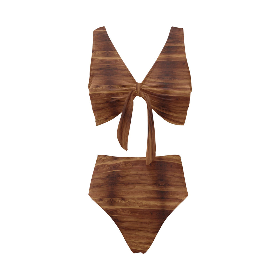 Wood Printed Pattern Print Design 04 Chest Bowknot High Waisted Bikini Swimsuit