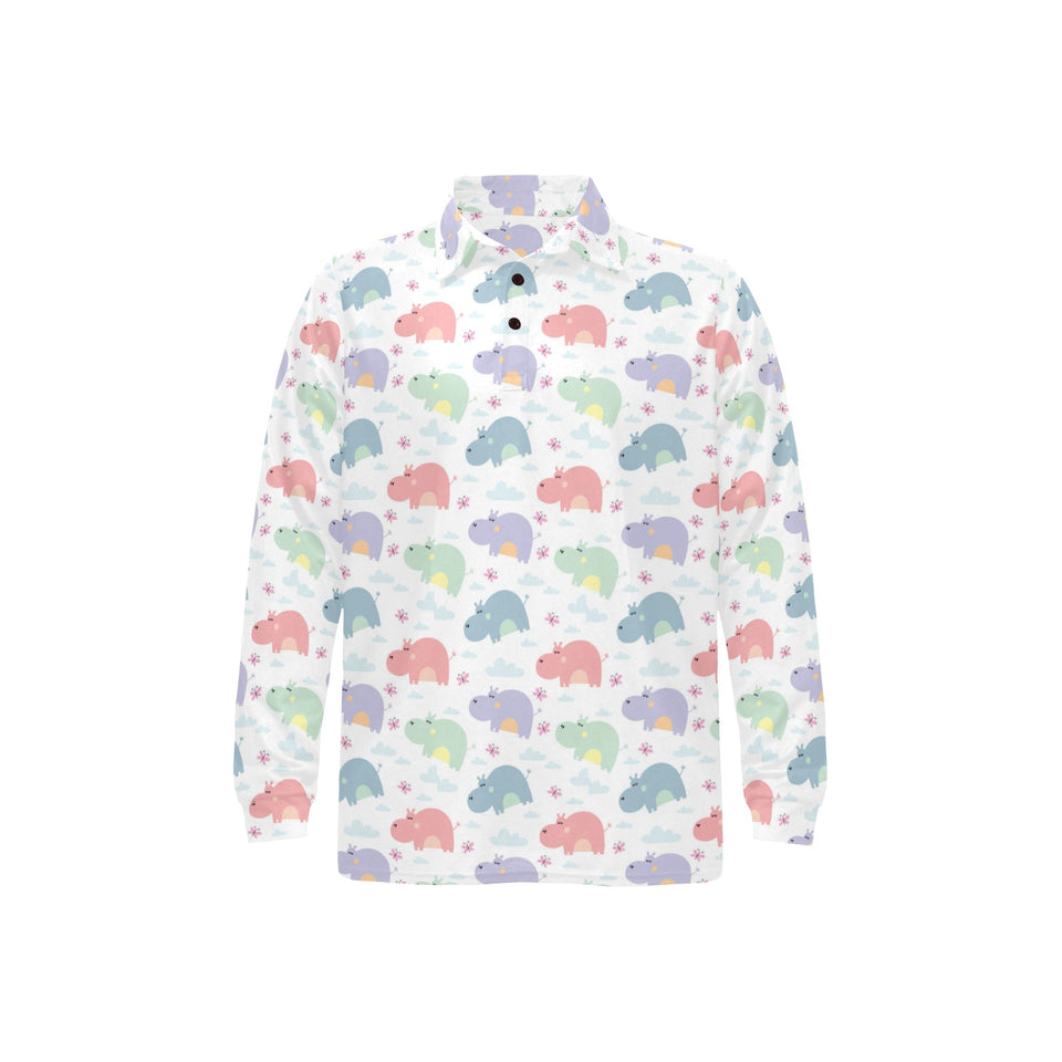 Hippopotamus Pattern Print Design 03 Men's Long Sleeve Polo Shirt