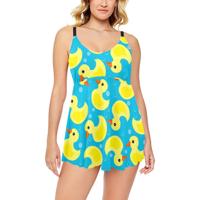 Duck Pattern Print Design 04 Chest Sexy Pleated Two Piece Swim Dress