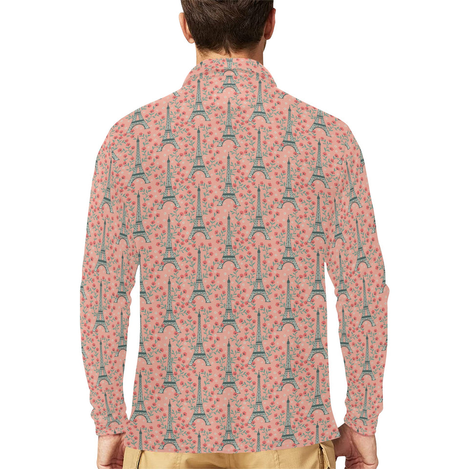 Eiffel Tower Flower Pattern Design 03 Men's Long Sleeve Polo Shirt