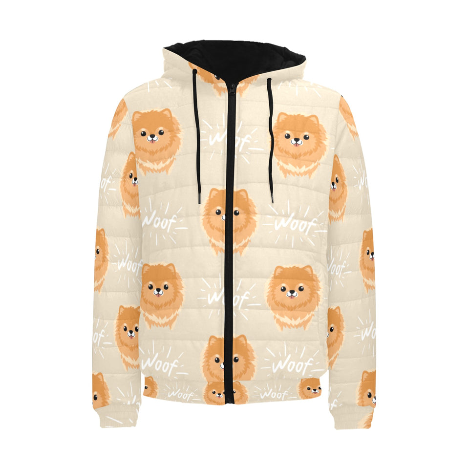 Cute brown pomeranian puppy on blue Men's Padded Hooded Jacket