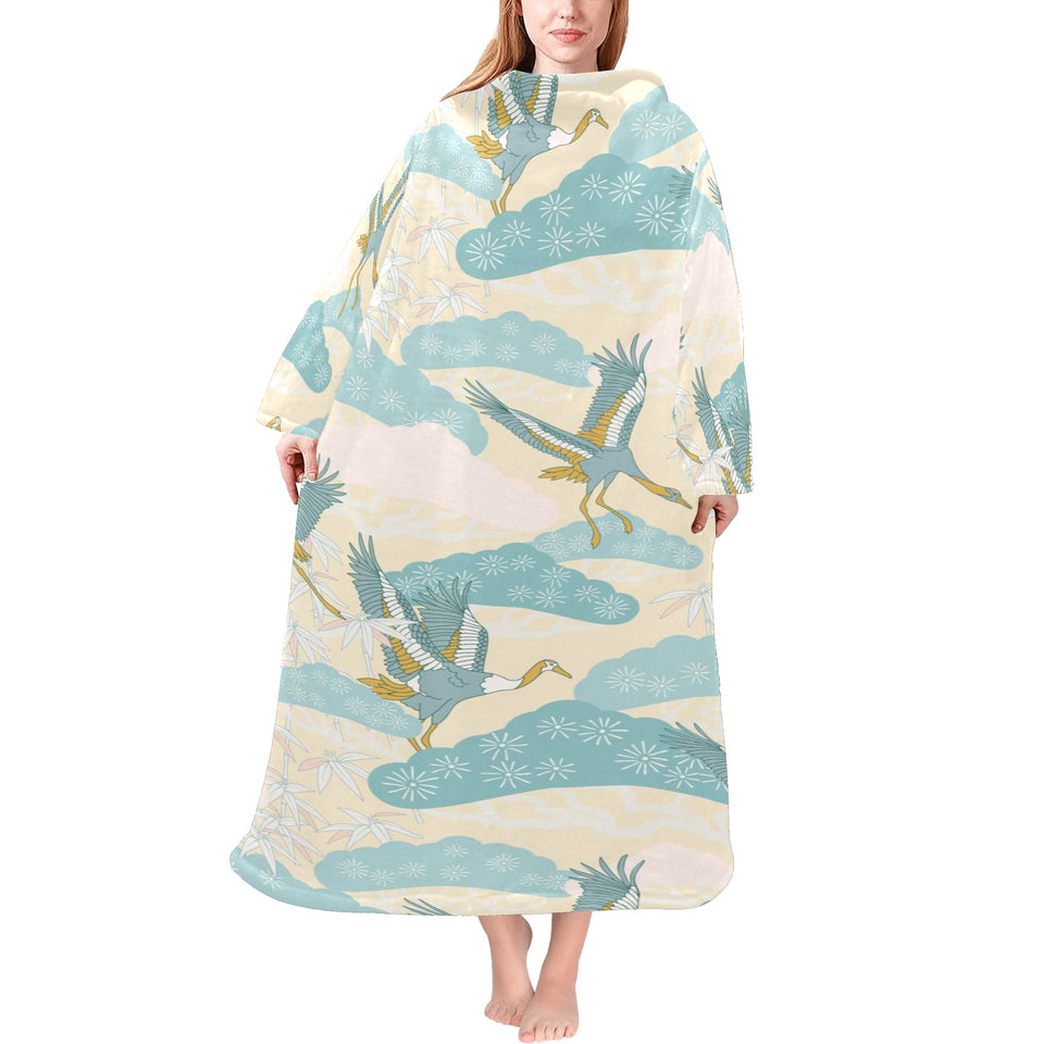 Bonsai bamboo stork japanese pattern cream theme Blanket Robe with Sleeves