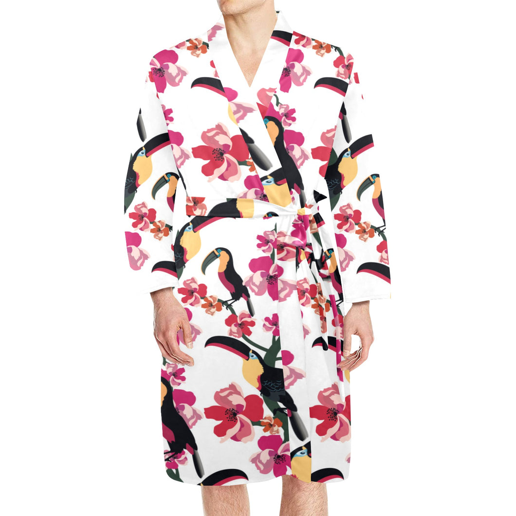 Toucan flower design pattern Men's Long Sleeve Belted Night Robe