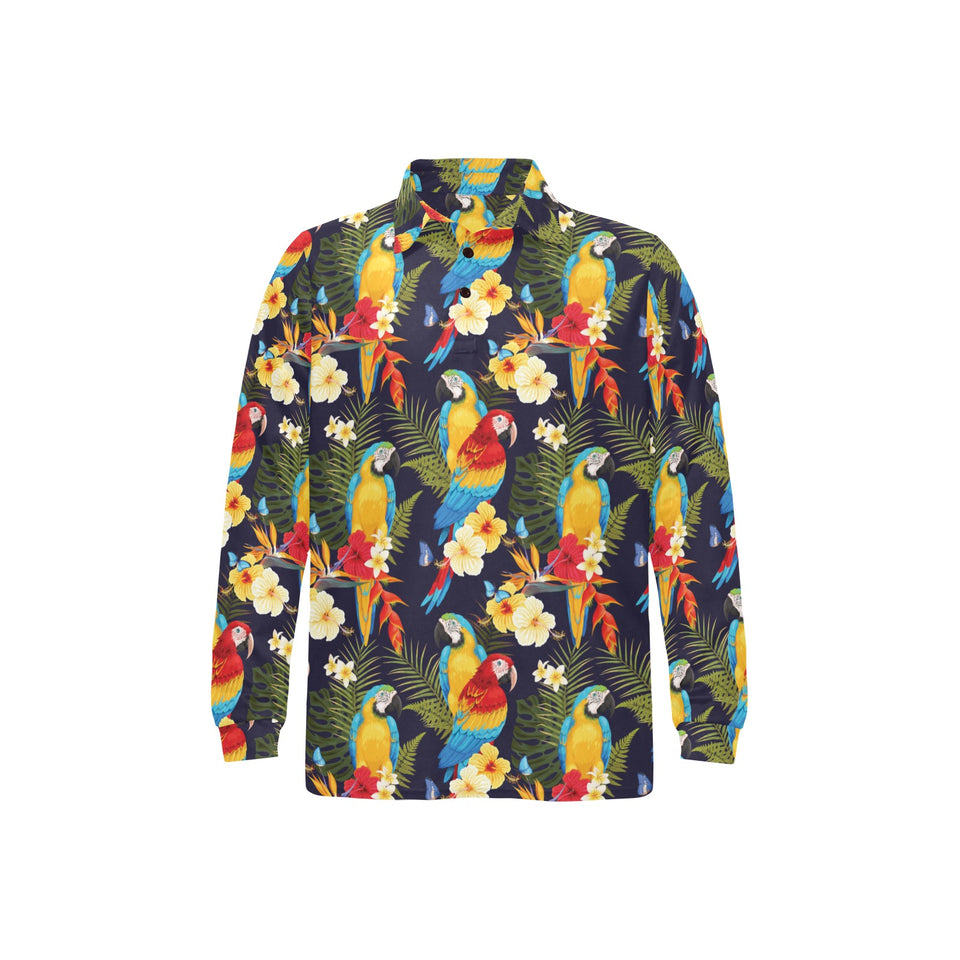 Colorful parrot flower pattern Men's Long Sleeve Polo Shirt