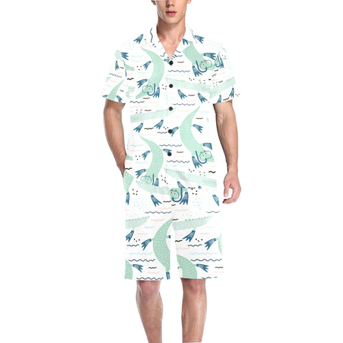 Crocodile diver pattern Men's V-Neck Short Pajama Set