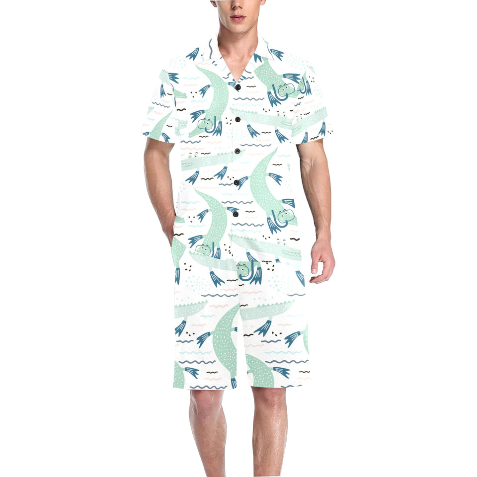 Crocodile diver pattern Men's V-Neck Short Pajama Set