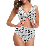 Mustache Beard Pattern Print Design 04 Chest Bowknot High Waisted Bikini Swimsuit