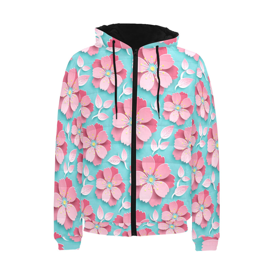 3D sakura cherry blossom pattern Men's Padded Hooded Jacket