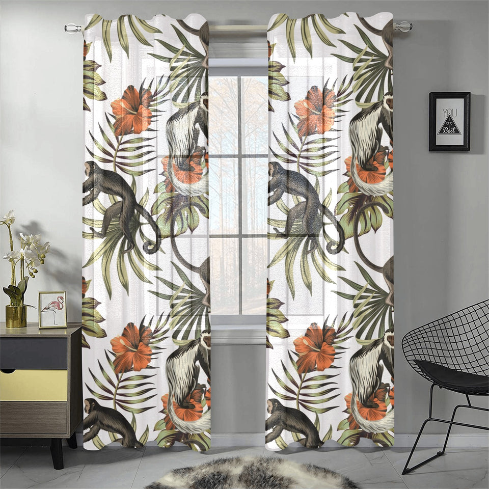 Monkey red hibiscus flower palm leaves floral patt Gauze Curtain