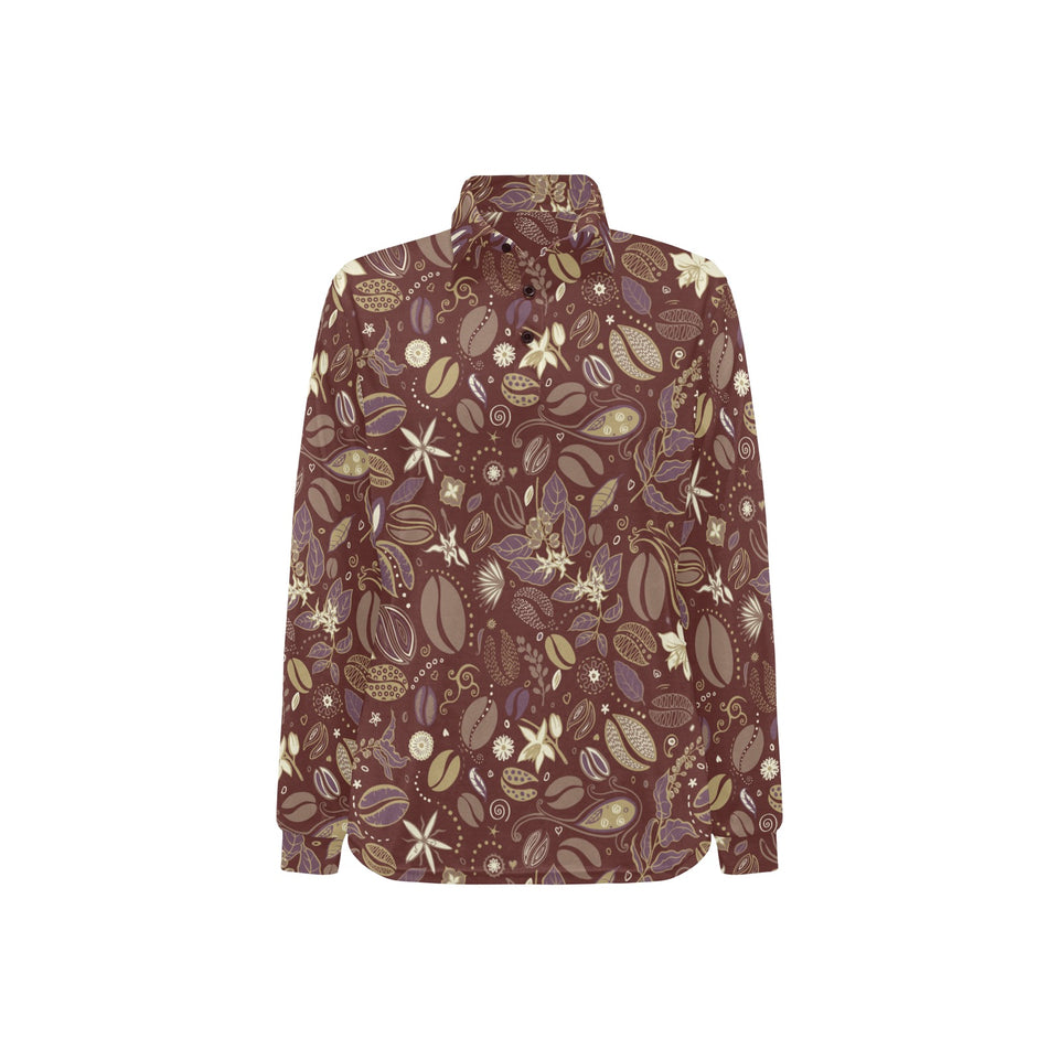 Coffee bean flower pattern Women's Long Sleeve Polo Shirt