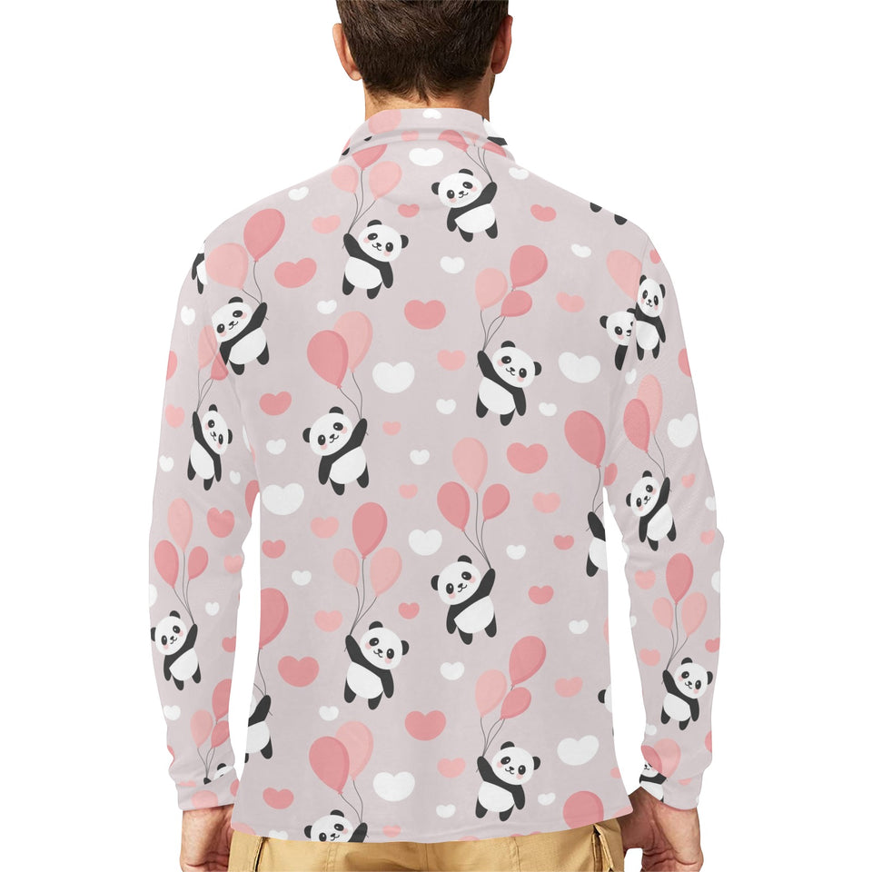 Cute panda ballon heart pattern Men's Long Sleeve Polo Shirt
