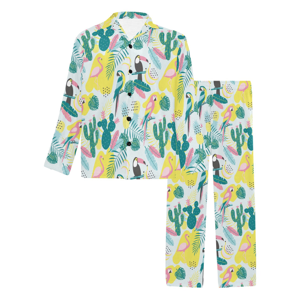 Cute parrot toucan flamingo cactus exotic leaves p Men's Long Pajama Set